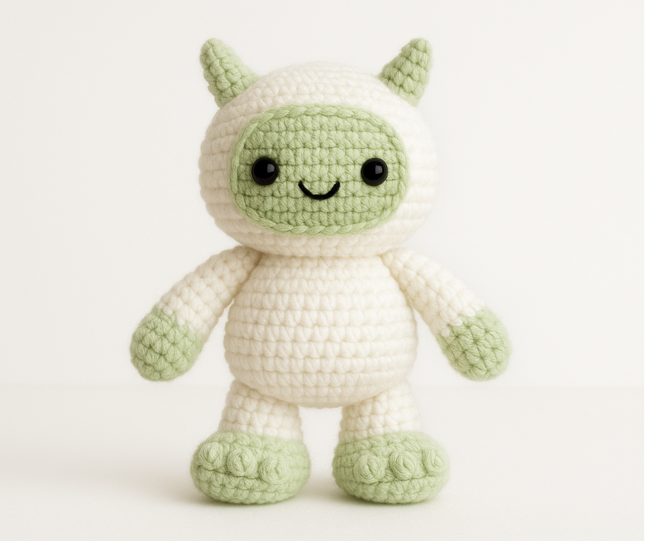 A cute, handmade white and mint green crochet Yeti amigurumi with black safety eyes and an embroidered smile.