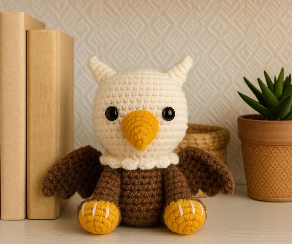 An illustration showing various crocheted pieces labeled for assembly, including a white head, brown body, wings, legs, and a tail, accompanied by crochet hooks and yarn, all components of a Free Crochet Griffin Amigurumi Pattern-Easy DIY Tutorial.