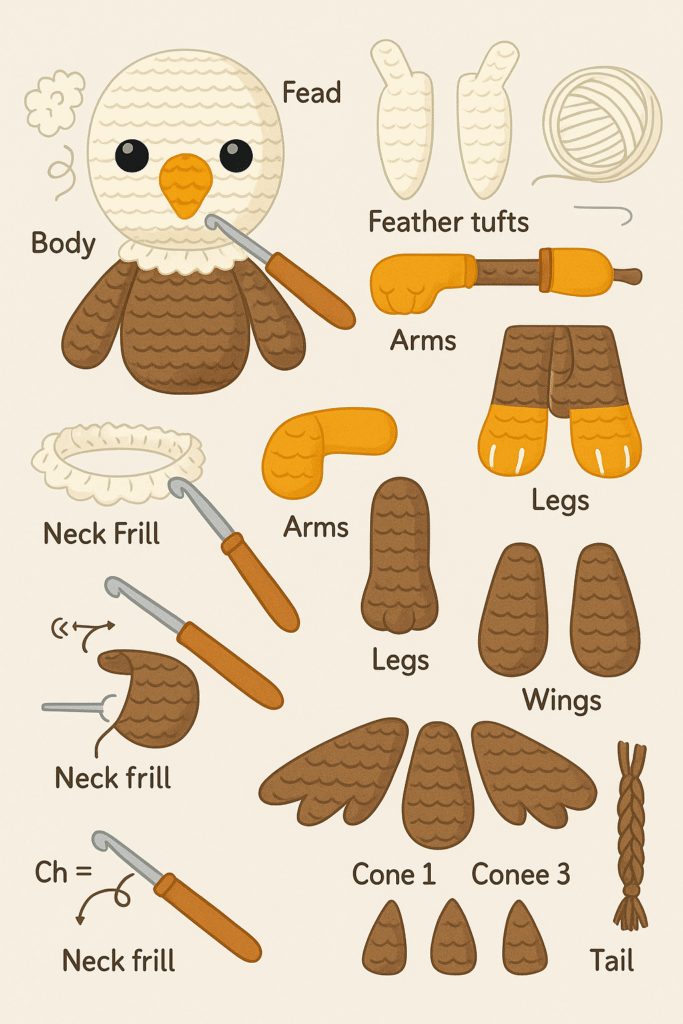 An illustration showing various crocheted parts laid out, with labels indicating they are components for assembling an amigurumi owl or griffin. Parts include the head (Fead), body, neck frill, arms, legs, feather tufts, wings, cones, and a tail, alongside crochet hooks and yarn.