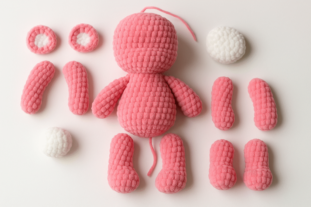 An overhead shot of all the crocheted parts of an amigurumi bear laid out on a white surface before assembly. In the center is the pink head and body piece, with two attached arms. To the left are two pink stuffed arms and two pink ears with white centers. To the right are two white crocheted balls for the snout, and four pink stuffed leg pieces.