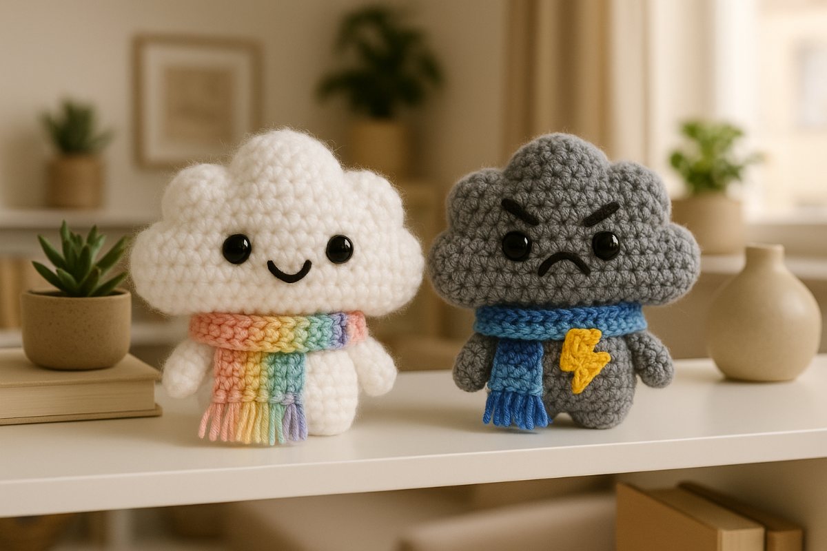 Adorable Cloud Sprite Amigurumi figures, crocheted in Rainbow and Storm themes. The image shows a white, smiling cloud wearing a rainbow scarf next to a gray, frowning storm cloud wearing a scarf with a yellow lightning bolt.