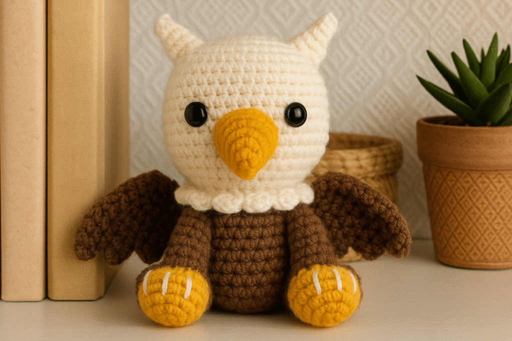An adorable crocheted griffin amigurumi toy. The toy has a white head with black eyes and a yellow beak, a white ruffled collar, brown body and wings, and yellow feet with white accents. It sits in front of a stack of books and a potted plant.