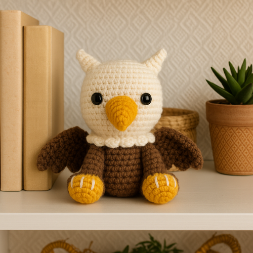 A handmade crocheted amigurumi griffin with a cream-colored head and yellow beak and feet, brown body and wings, sitting on a white shelf next to a small potted plant and books. Free Crochet Griffin Amigurumi Pattern – Easy DIY Tutorial.