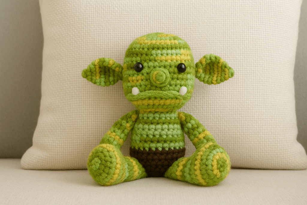 A crocheted amigurumi ogre plush toy sits against a textured off-white pillow. The ogre is made with variegated green and yellow yarn, featuring large ears, black button eyes, a round snout with two small white tusks, and dark brown crocheted shorts.