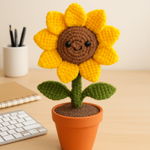Crocheted sunflower in a pot on a desk, advertising a Sunflower Crochet Pattern Guide.
