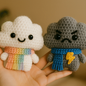 Cute happy white cloud and grumpy gray cloud amigurumi for a Free Cloud Sprite Amigurumi Crochet Pattern.
