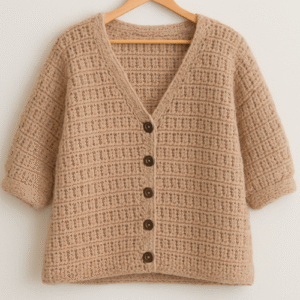 A cozy, beige, hand-crocheted cardigan with a v-neck and dark brown buttons, hanging on a wooden hanger, for the Bulky Crochet Cardigan Pattern PDF.