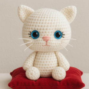 A sweet white crocheted kitten with large blue eyes, a pink nose, and whiskers, sitting on a red cushion. This is an example of the Amigurumi Kitten Crochet Pattern.