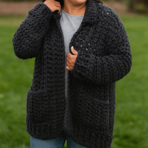 A person models a dark, chunky, oversized crocheted cardigan with large pockets, for the Coastal Cardigan Crochet Pattern – Oversized Cardigan.