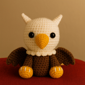 A crocheted griffin amigurumi with white head, brown body and wings, and yellow details, based on a free pattern.