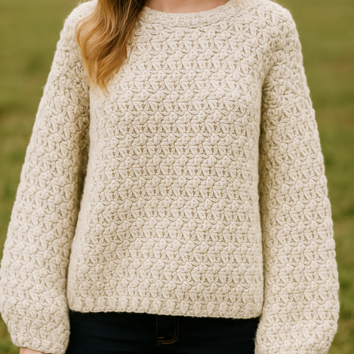Woman wearing a cream-colored sweater made with the Oversized Bulky Sway Crochet Sweater Pattern, featuring a textured, chunky stitch design and long, loose sleeves.