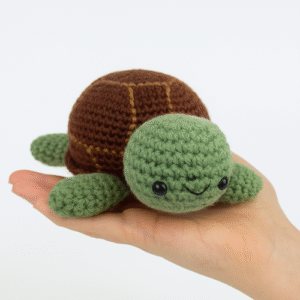 A person's palm holds an adorable turtle crochet pattern with a brown shell and a green head and feet. The turtle has small black eyes and a stitched-on smile.