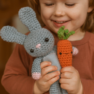 A young child smiles while holding a gray Bunny with Carrot Crochet Pattern – Digital Download. The bunny has long ears, black eyes, and a pink nose. The orange crochet carrot has green leafy tops and a stitched face.