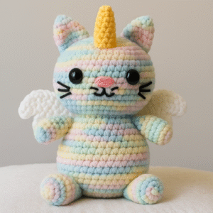 A crochet caticorn toy pattern featuring a pastel-colored unicorn cat with a yellow horn and white wings.