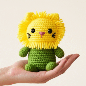 A cute, yellow and green crocheted lion toy, representing a Free Lion Amigurumi Crochet Pattern.
