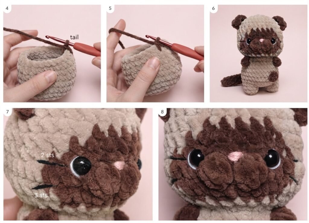 Step-by-step crochet tutorial photos demonstrating body joining, tail attachment, and facial detailing for a brown tabby cat plush, following Free Amigurumi Baby Cats Crochet Patterns.