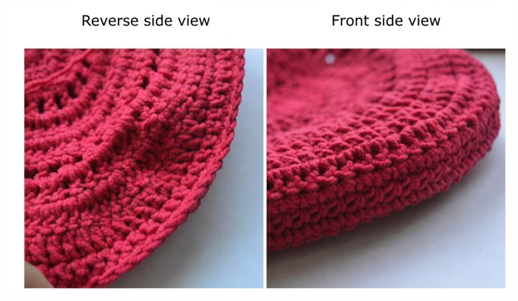 A side-by-side comparison showcasing the reverse side view and front side view of the red base piece for the Strawberry purse free crochet pattern