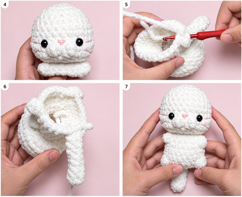 Step-by-step crochet tutorial photos demonstrating the body assembly and construction of a white kitten plush toy, following Free Amigurumi Baby Cats Crochet Patterns.
