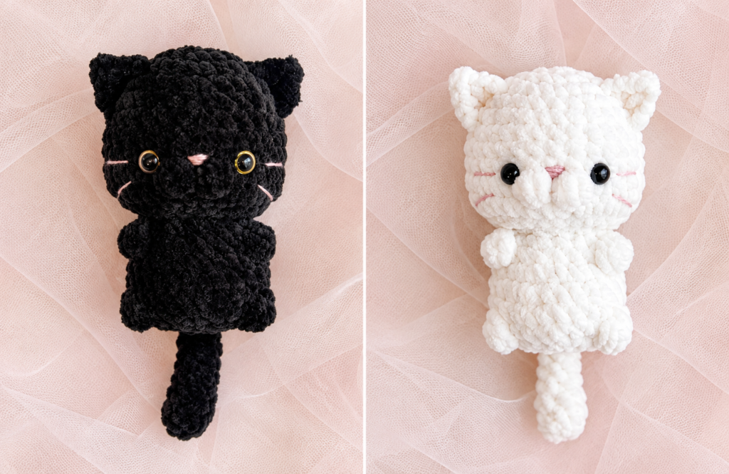 Two handmade plush crochet cats—one solid black and one solid white—showcasing inspiration from Free Amigurumi Baby Cats Crochet Patterns.