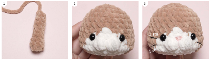 Step-by-step crochet tutorial photos demonstrating the tail crafting, eye placement, and facial embroidery for a brown and white cat plush, following Free Amigurumi Baby Cats Crochet Patterns.