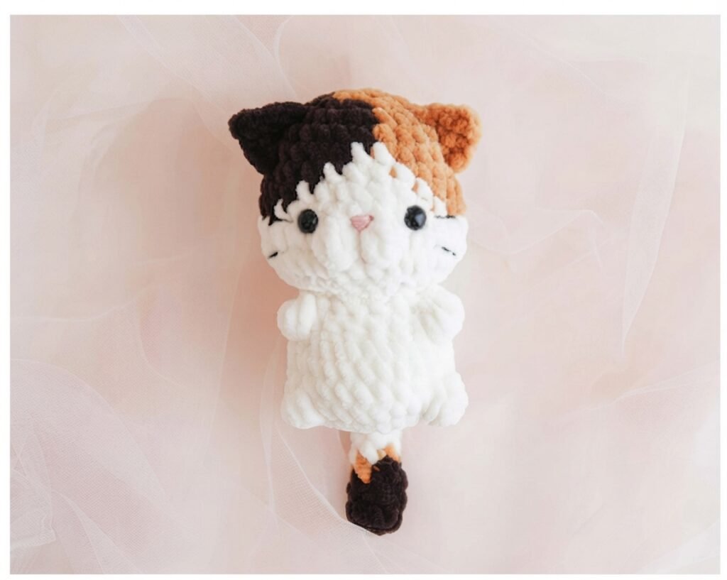 A handmade calico plush crochet cat with black, orange, and white patches, showcasing inspiration from Free Amigurumi Baby Cats Crochet Patterns.