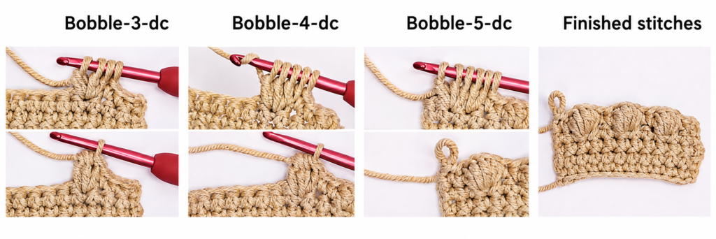 Step-by-step crochet tutorial photos showing bobble stitches (Bobble-3-dc, Bobble-4-dc, Bobble-5-dc) and finished stitches, illustrating techniques used in Free Amigurumi Baby Cats Crochet Patterns.