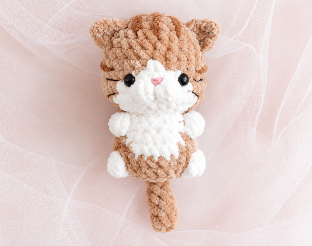 A handmade brown tabby plush crochet cat with white paFree Amigurumi Baby Cats Crochet Patterns. A handmade brown tabby plush crochet cat with white patches, showcasing inspiration from Free Amigurumi Baby Cats Crochet Patterns.