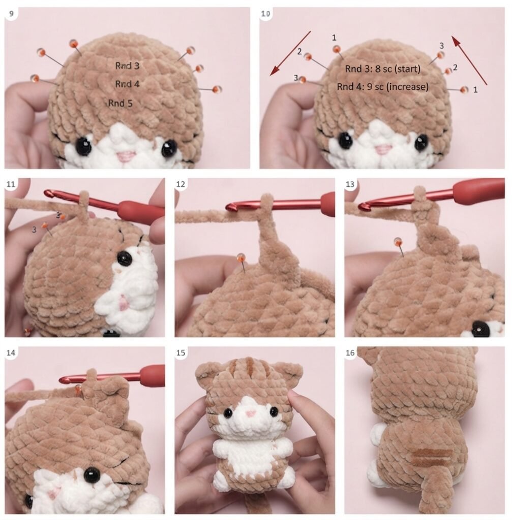 Step-by-step crochet tutorial photos demonstrating the tail crafting, eye placement, and facial embroidery for a brown and white cat plush, following Free Amigurumi Baby Cats Crochet Patterns.