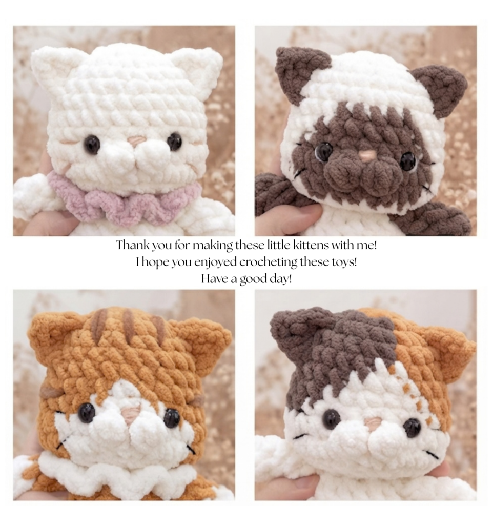 A four-panel image featuring a thank-you note surrounded by handmade crochet amigurumi cat plushies in white, Siamese, orange tabby, and calico designs, showcasing Free Amigurumi Baby Cats Crochet Patterns.