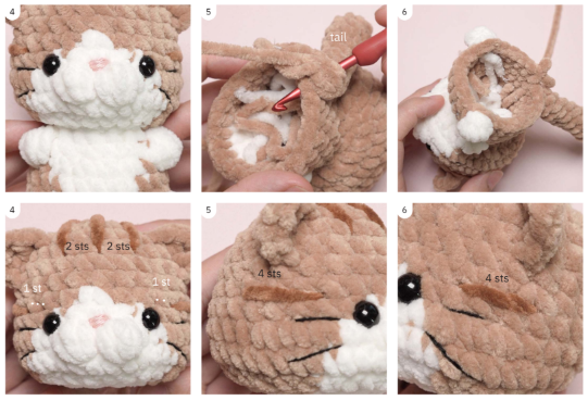 Step-by-step crochet tutorial photos demonstrating the tail crafting, eye placement, and facial embroidery for a brown and white cat plush, following Free Amigurumi Baby Cats Crochet Patterns.