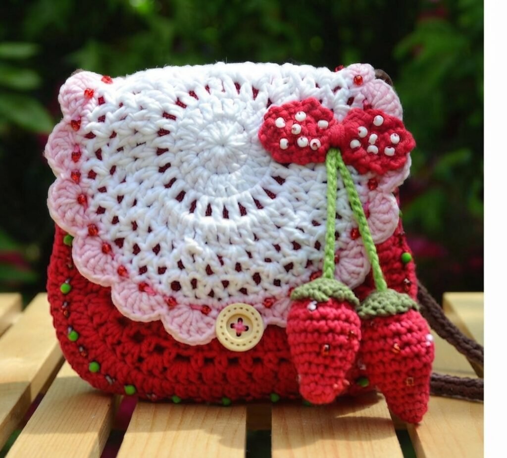Strawberry Purse free crochet pattern is a fantastic choice when you want to craft a whimsical and functional accessory. This project features a textured red base paired with a vintage-inspired, scalloped white and pink lacy flap, complete with charming 3D hanging strawberries and beaded details.