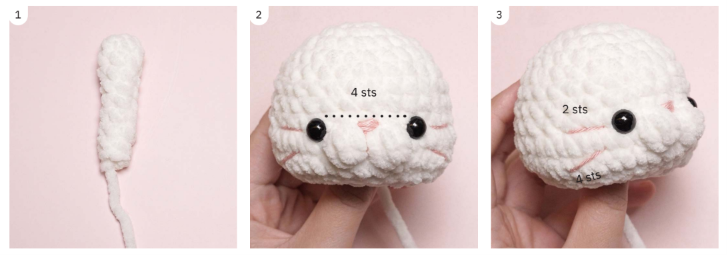 Step-by-step crochet tutorial photos showing the assembly and face detailing of a plush toy, created using Free Amigurumi Baby Cats Crochet Patterns.