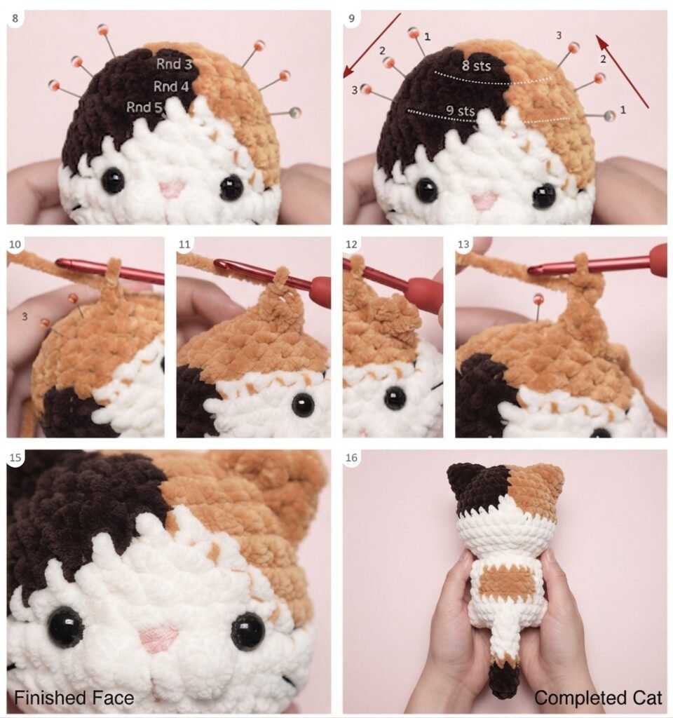 Step-by-step crochet tutorial photos demonstrating pin placement for ears and the final assembled calico cat plush, following Free Amigurumi Baby Cats Crochet Patterns.