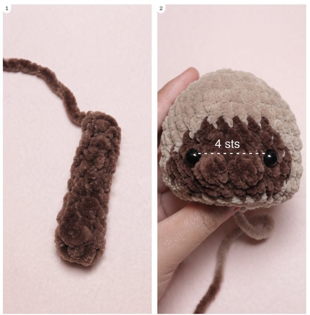 Step-by-step crochet tutorial photos demonstrating tail construction and face detailing with a 4-stitch eye span for a Siamese-style cat plush, following Free Amigurumi Baby Cats Crochet Patterns.