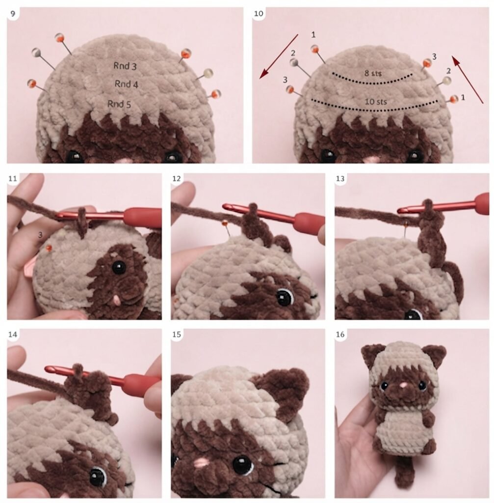 Step-by-step crochet tutorial photos demonstrating body joining, tail attachment, and facial detailing for a brown tabby cat plush, following Free Amigurumi Baby Cats Crochet Patterns.
