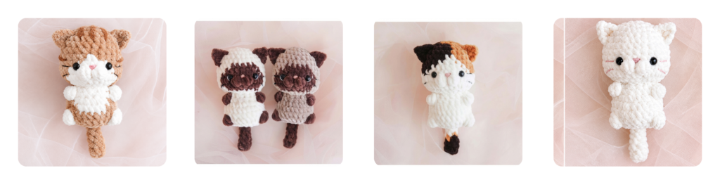 A collage of four handmade crochet amigurumi cat plushies, each in a different pattern: a ginger tabby, two Siamese-style cats, a calico cat, and a solid white kitten. All showcase Free Amigurumi Baby Cats Crochet Patterns.