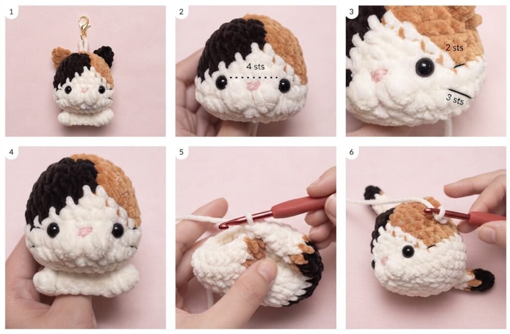 Step-by-step crochet tutorial photos demonstrating tail crafting, face detailing, and body assembly for a calico cat plush, following Free Amigurumi Baby Cats Crochet Patterns.