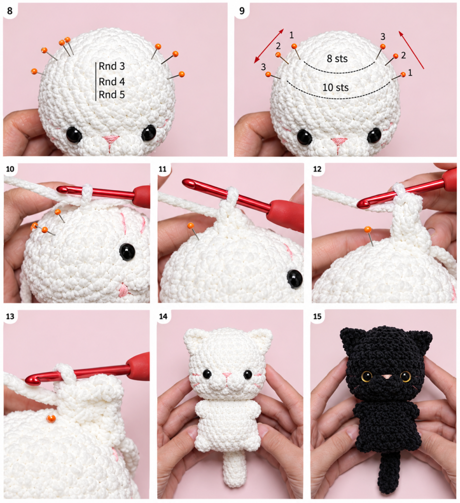 Step-by-step crochet tutorial photos demonstrating ear placement with pins and final assembled white and black plush cats, following Free Amigurumi Baby Cats Crochet Patterns