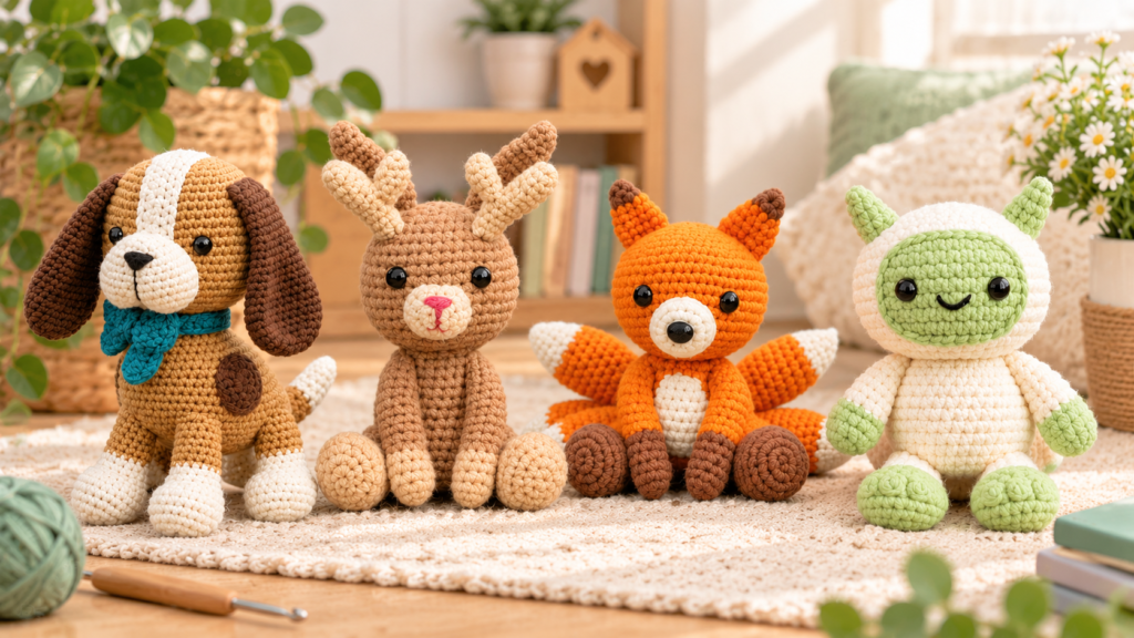 Cute amigurumi plushies featuring four handmade crochet characters—a puppy with a blue bow, a jackalope, a multi-tailed kitsune fox, and a green-and-white yeti—arranged on a table with yarn and a crochet hook, accompanied by a text banner reading "4 Adorable Amigurumi Free Crochet Patterns Cute • Easy • Perfect for Beginners".