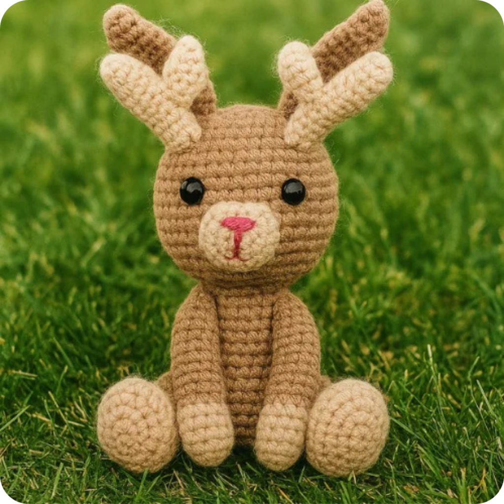 Cute amigurumi plushies featuring a handmade crochet jackalope with brown fur, long ears, antlers, and a pink embroidered nose, sitting upright on a patch of green grass.