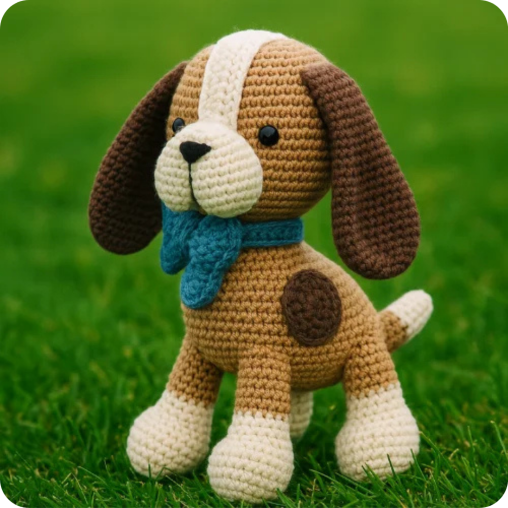 Digital PDF crochet pattern preview featuring a handmade amigurumi puppy toy with brown and white fur, floppy ears, a dark spot on its side, and a blue bow tied around its neck, standing on a green grass background.