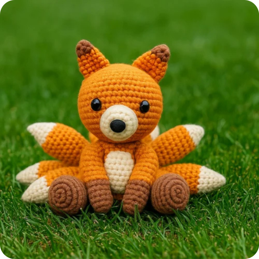 Cute amigurumi plushies featuring a handmade crochet multi-tailed kitsune fox with vibrant orange-and-white fur, pointy ears, and multiple detailed tails sitting on a lush green lawn.