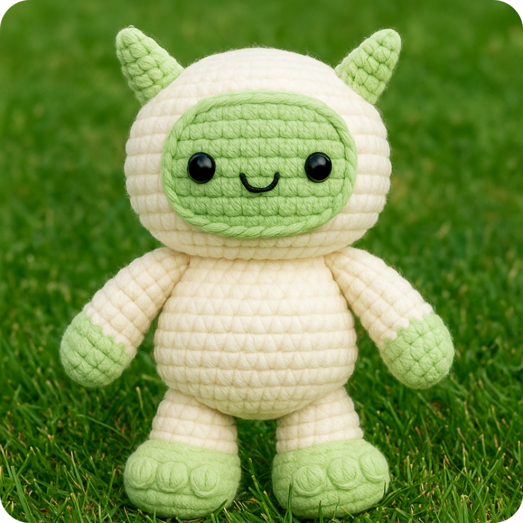 Digital PDF crochet pattern preview featuring a handmade amigurumi yeti toy with creamy white and pale green fur, pointed ears, safety eyes, a smiling expression, and textured feet, standing upright on a green grass background.