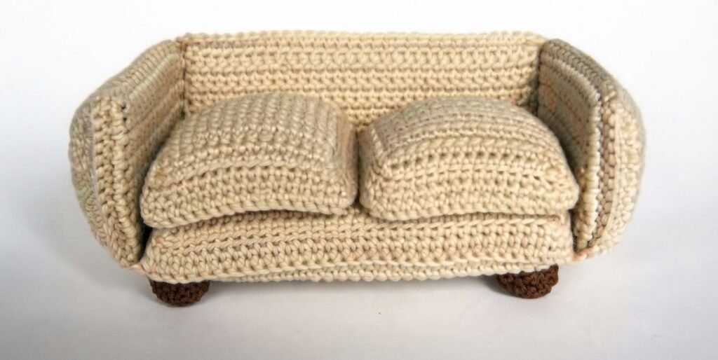 A high-resolution, detailed photograph of a miniature, hand-crocheted two-seater sofa, crafted from light beige yarn with a distinct single-crochet texture. This miniature furniture piece for a Crochet Mini Living Room features two seat cushions and two back cushions, and stands on four small, textured brown bun-feet against a seamless white background.
