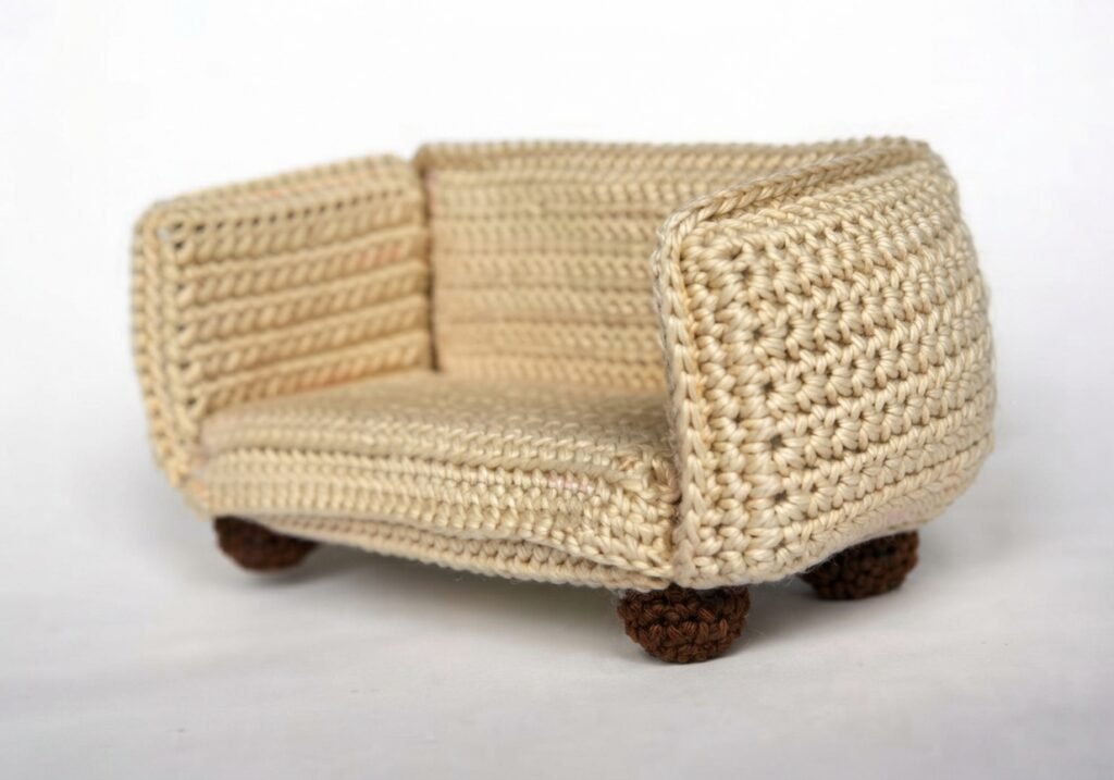 A high-resolution, detailed photograph of a miniature, hand-crocheted beige sofa, crafted from light cream yarn with a distinct single-crochet texture. This miniature furniture piece for a Crochet Mini Living Room features a rounded backrest and arms, and stands on four small, textured brown bun-feet against a seamless white background.