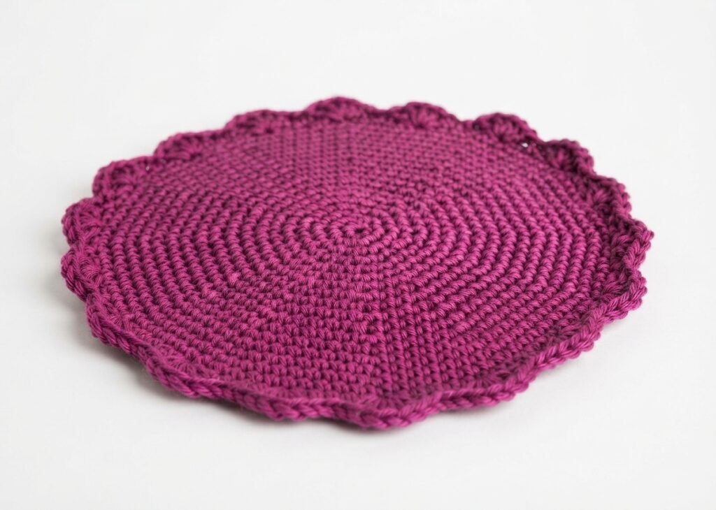 A high-resolution, detailed photograph of a miniature, hand-crocheted potted flower in a reddish-brown clay pot, featuring green leaves and a white daisy with a bright yellow center. This charming miniature decor piece for a Crochet Mini Living Room sits against a seamless white background.