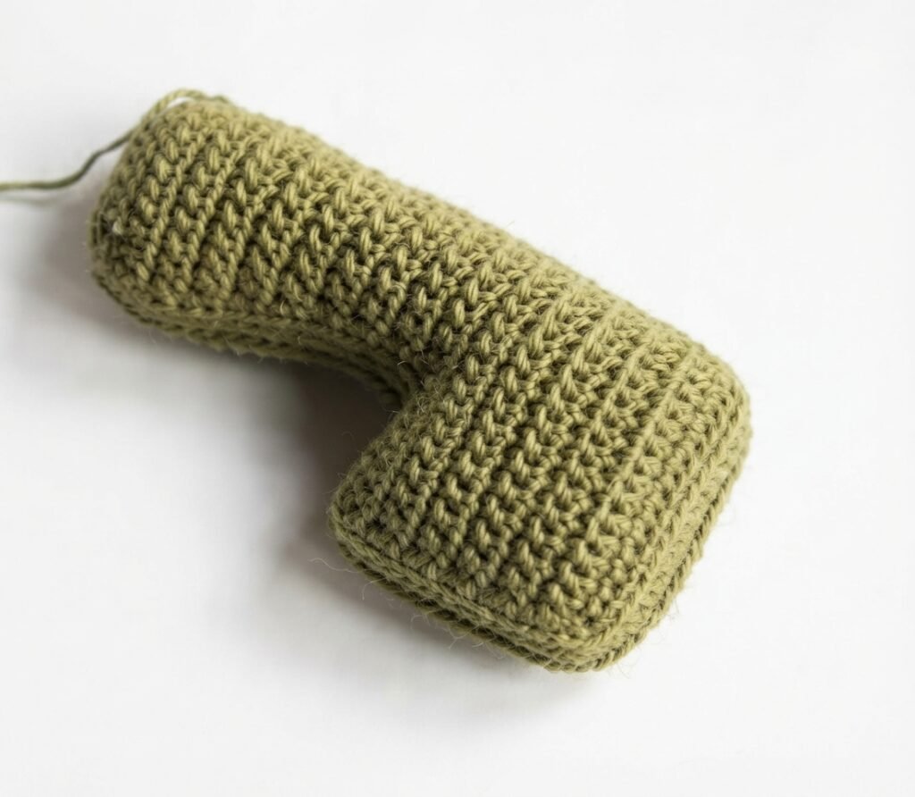 A close-up photograph of a miniature, L-shaped crocheted piece, hand-stitched with moss-green yarn in a dense, ribbed texture. This piece is an unfinished component for a larger project, possibly a Crochet Mini Living Room set, and is shown against a clean, plain white background. A loose end of green yarn is visible at the top left.