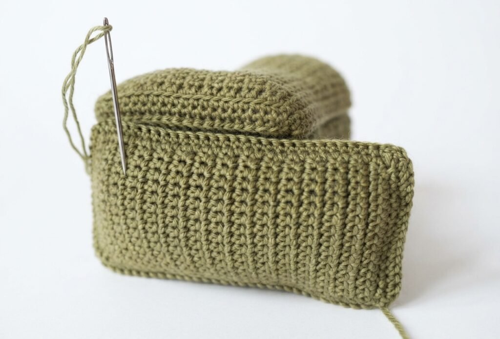 A close-up photograph of a miniature, L-shaped crocheted piece, hand-stitched with moss-green yarn in a dense, ribbed texture. This piece is an unfinished component for a larger project, possibly a Crochet Mini Living Room set, and is shown against a clean, plain white background. A loose end of green yarn is visible at the top left.