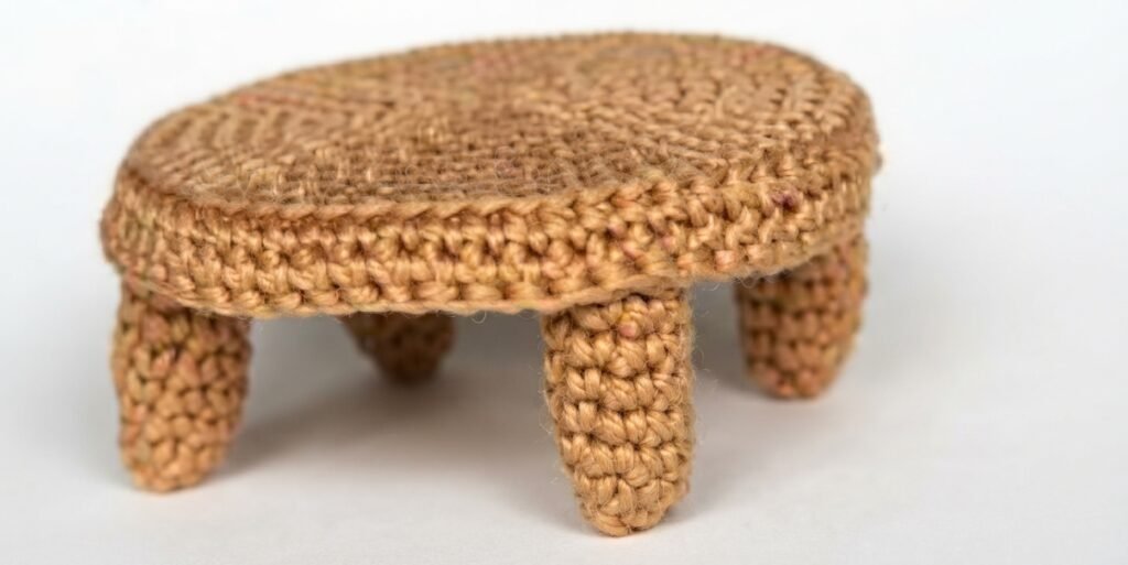A high-resolution, detailed photograph of a miniature, hand-crocheted round table or stool, crafted from light brown yarn with a distinct single-crochet texture. This miniature furniture piece for a Crochet Mini Living Room features a circular top and stands on four sturdy, tapered legs against a seamless white background.