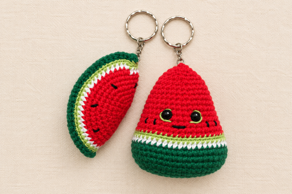 Two handmade watermelon keychains featuring a half-slice and a smiling teardrop shape, presented as a free keychains crochet pattern on a light background.